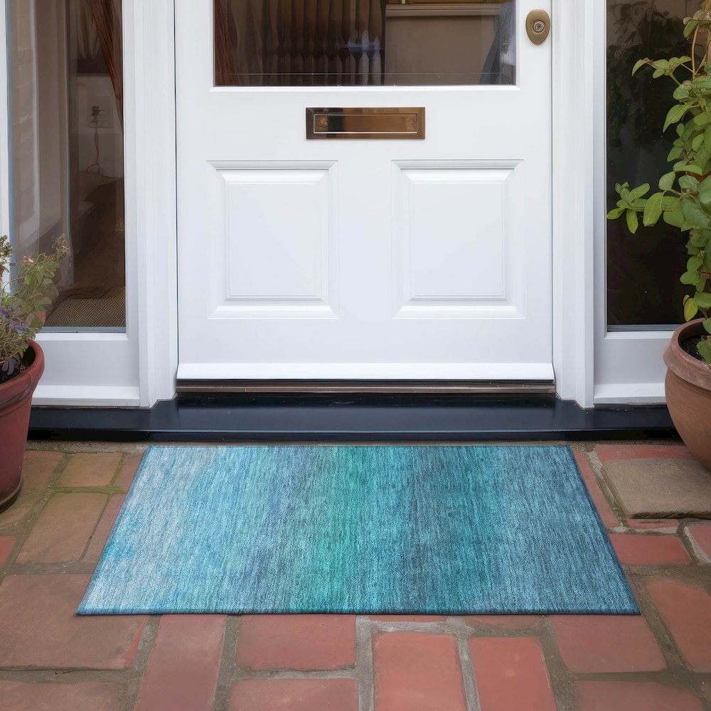 Machine Washable Indoor/Outdoor Chantille Teal 1'8" x 2'6" Rug. Picture 6