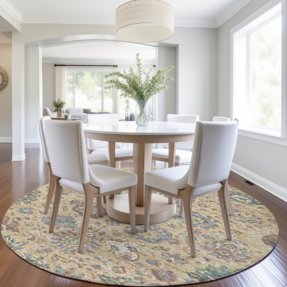 Machine Washable Indoor/Outdoor Chantille Gold 8' x 8' Round Rug. Picture 5