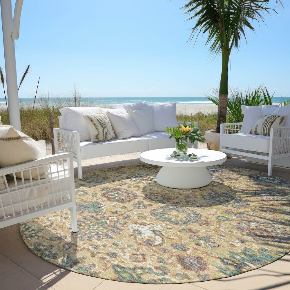 Machine Washable Indoor/Outdoor Chantille Gold 8' x 8' Round Rug. Picture 6