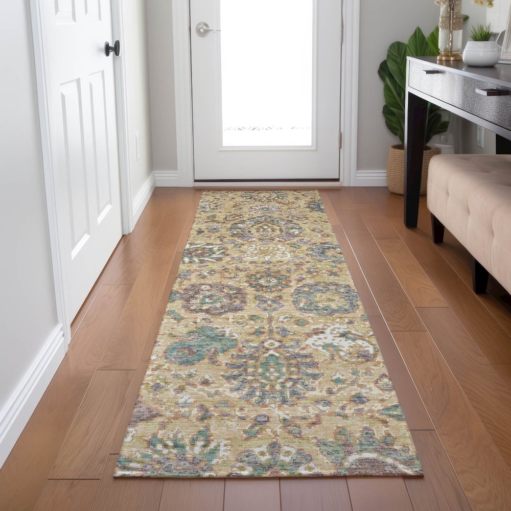 Machine Washable Indoor/Outdoor Chantille Gold 2'3" x 7'6" Runner Rug. Picture 5
