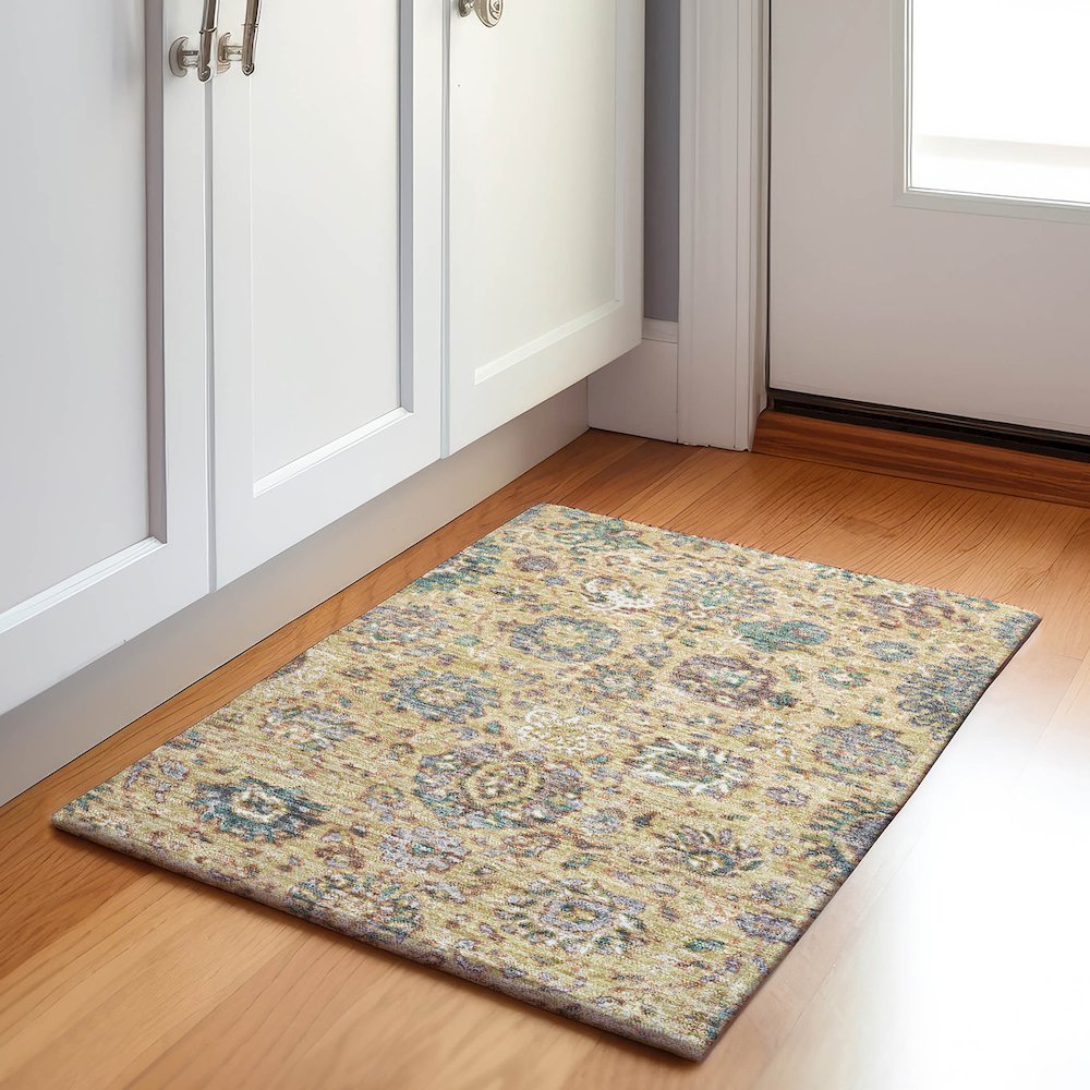 Machine Washable Indoor/Outdoor Chantille Gold 1'8" x 2'6" Rug. Picture 5