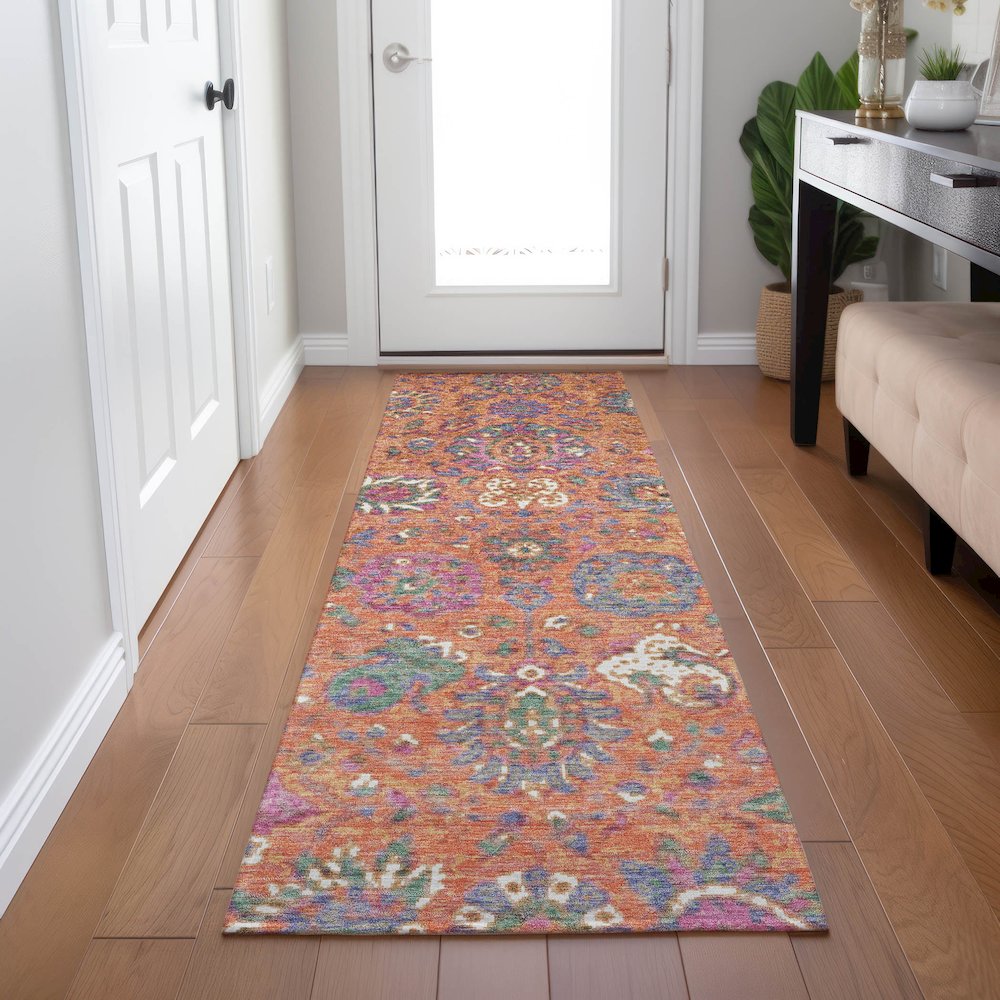 Machine Washable Indoor/Outdoor Chantille Orange 2'3" x 7'6" Runner Rug. Picture 5