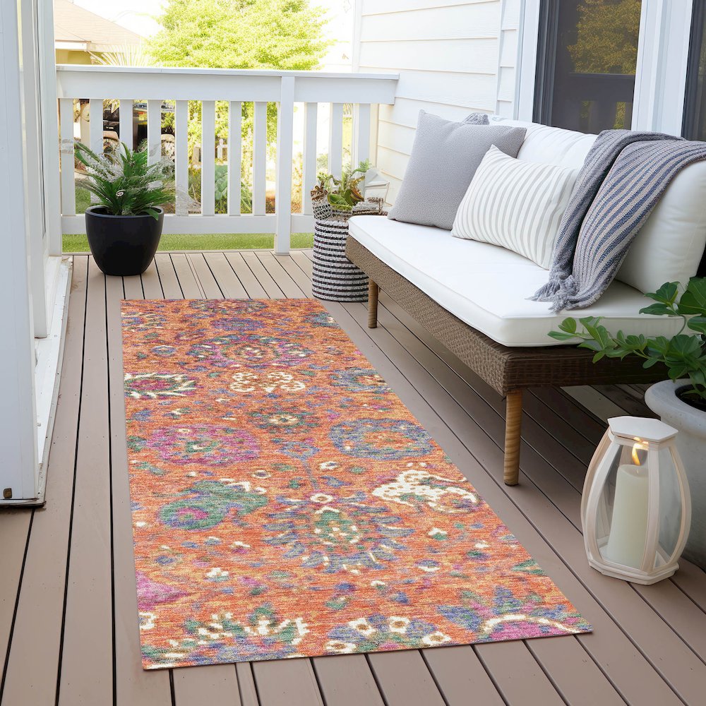 Machine Washable Indoor/Outdoor Chantille Orange 2'3" x 7'6" Runner Rug. Picture 6