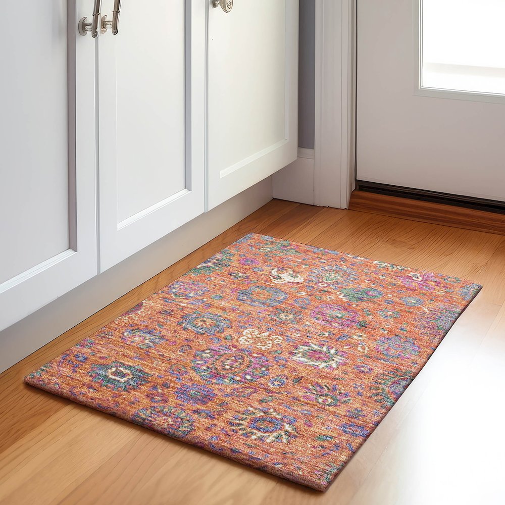 Machine Washable Indoor/Outdoor Chantille Orange 1'8" x 2'6" Rug. Picture 5