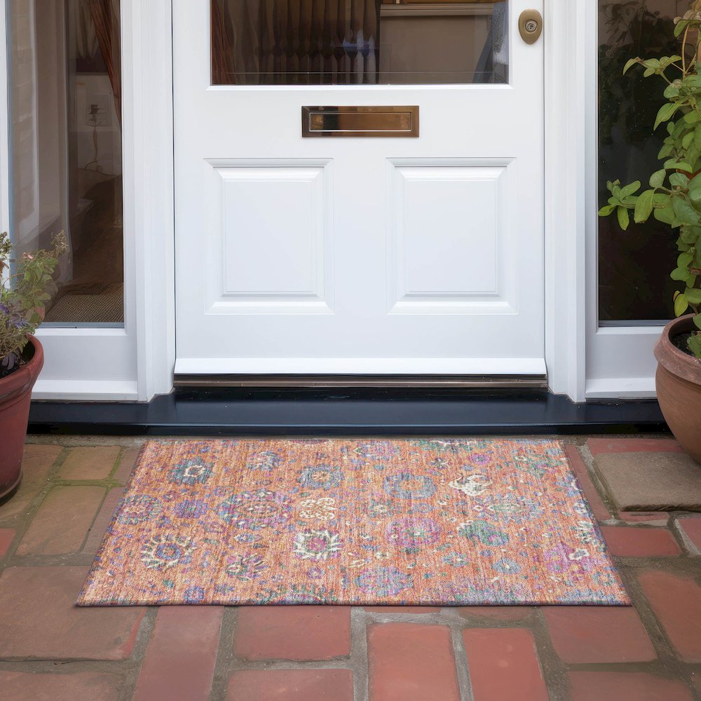 Machine Washable Indoor/Outdoor Chantille Orange 1'8" x 2'6" Rug. Picture 6