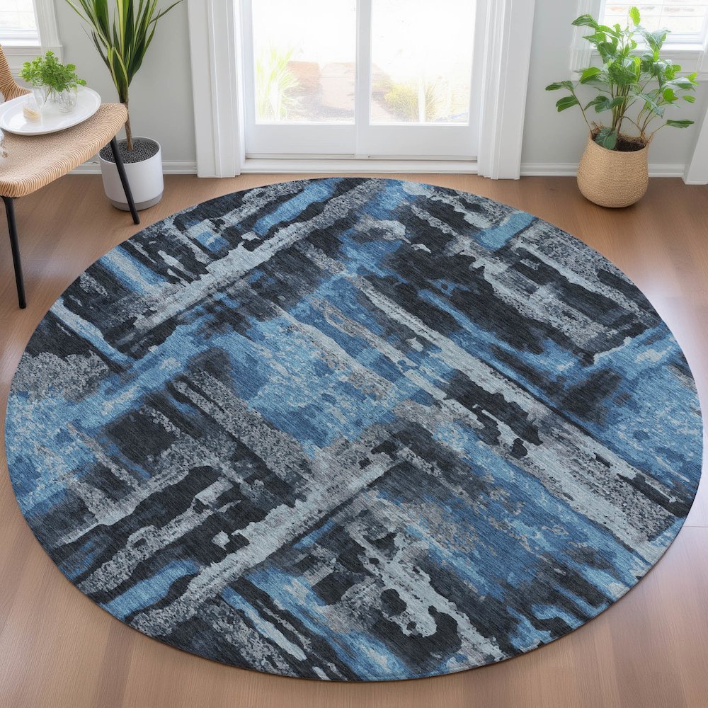 Machine Washable Indoor/Outdoor Chantille ACN2015 Black 8' x 8' Round Rug. Picture 5