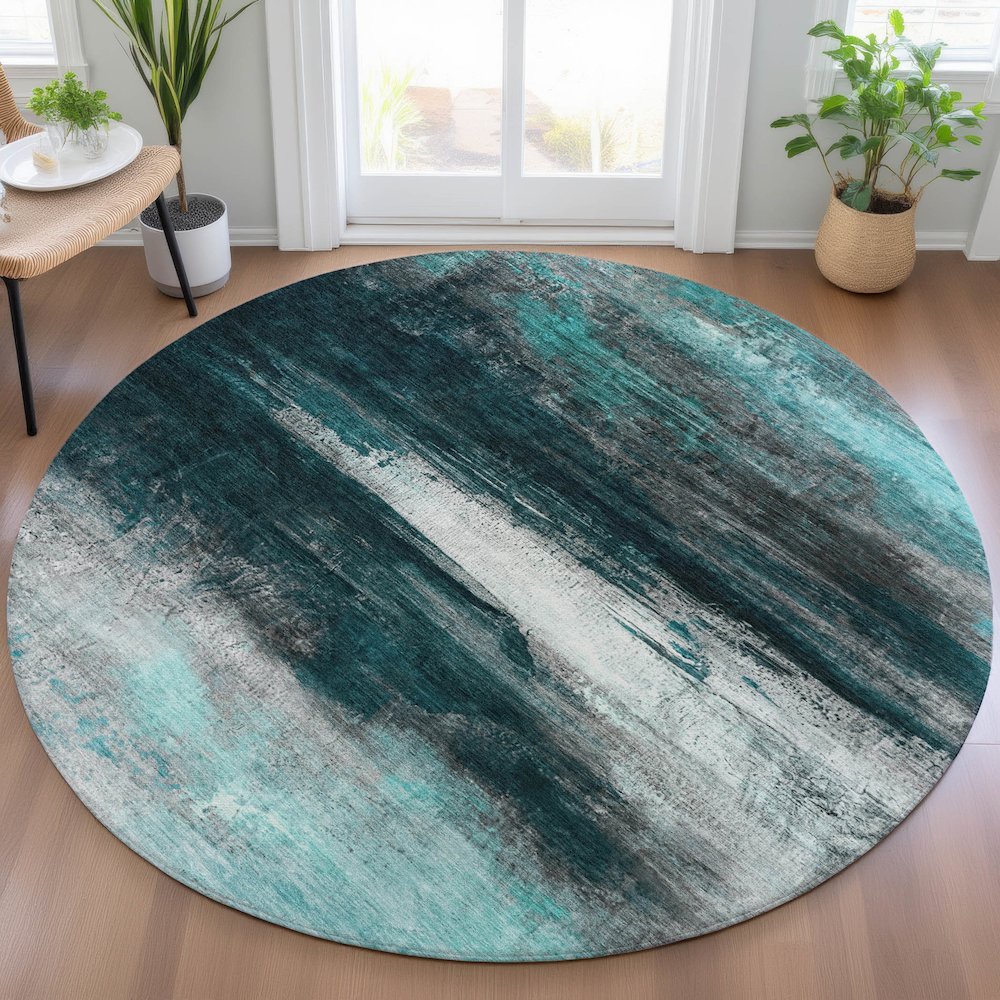 Machine Washable Indoor/Outdoor Chantille ACN2016 Teal 8' x 8' Round Rug. Picture 5
