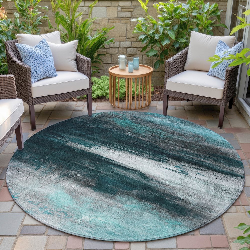 Machine Washable Indoor/Outdoor Chantille ACN2016 Teal 8' x 8' Round Rug. Picture 6