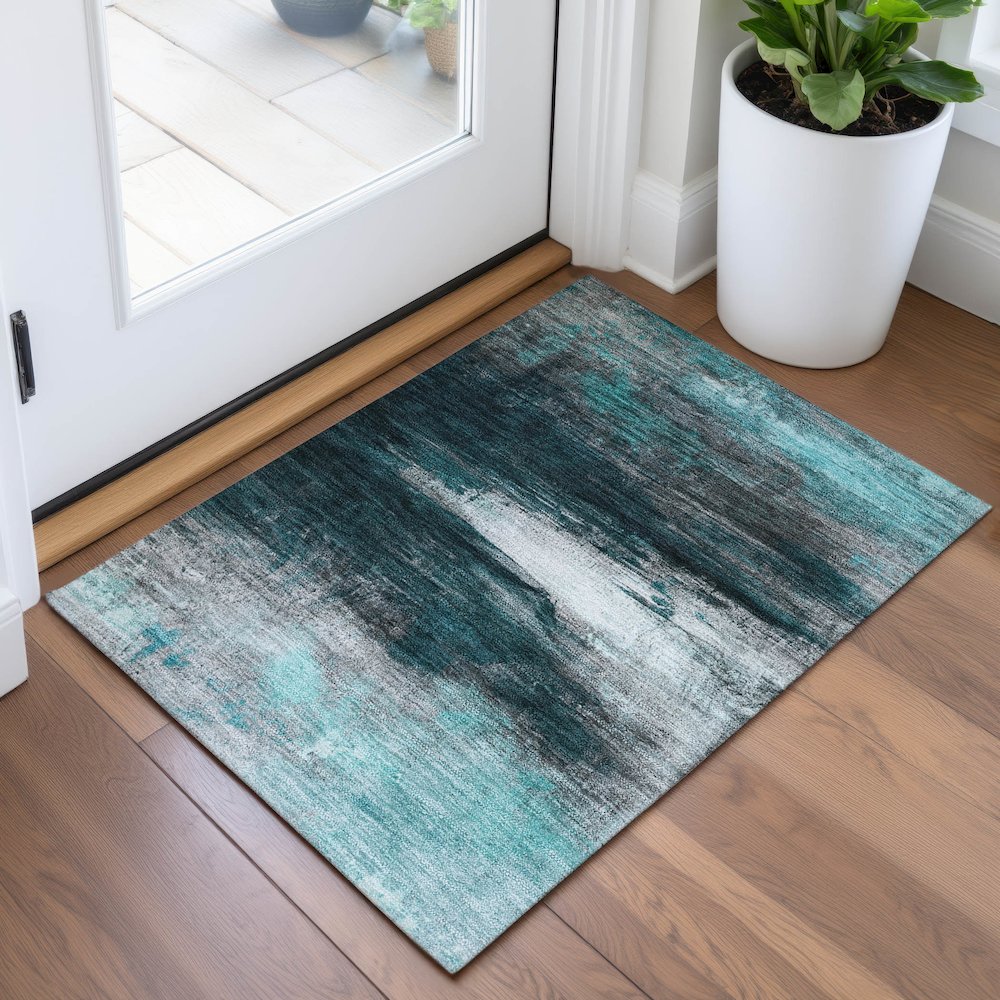 Machine Washable Indoor/Outdoor Chantille ACN2016 Teal 1'8" x 2'6" Rug. Picture 5