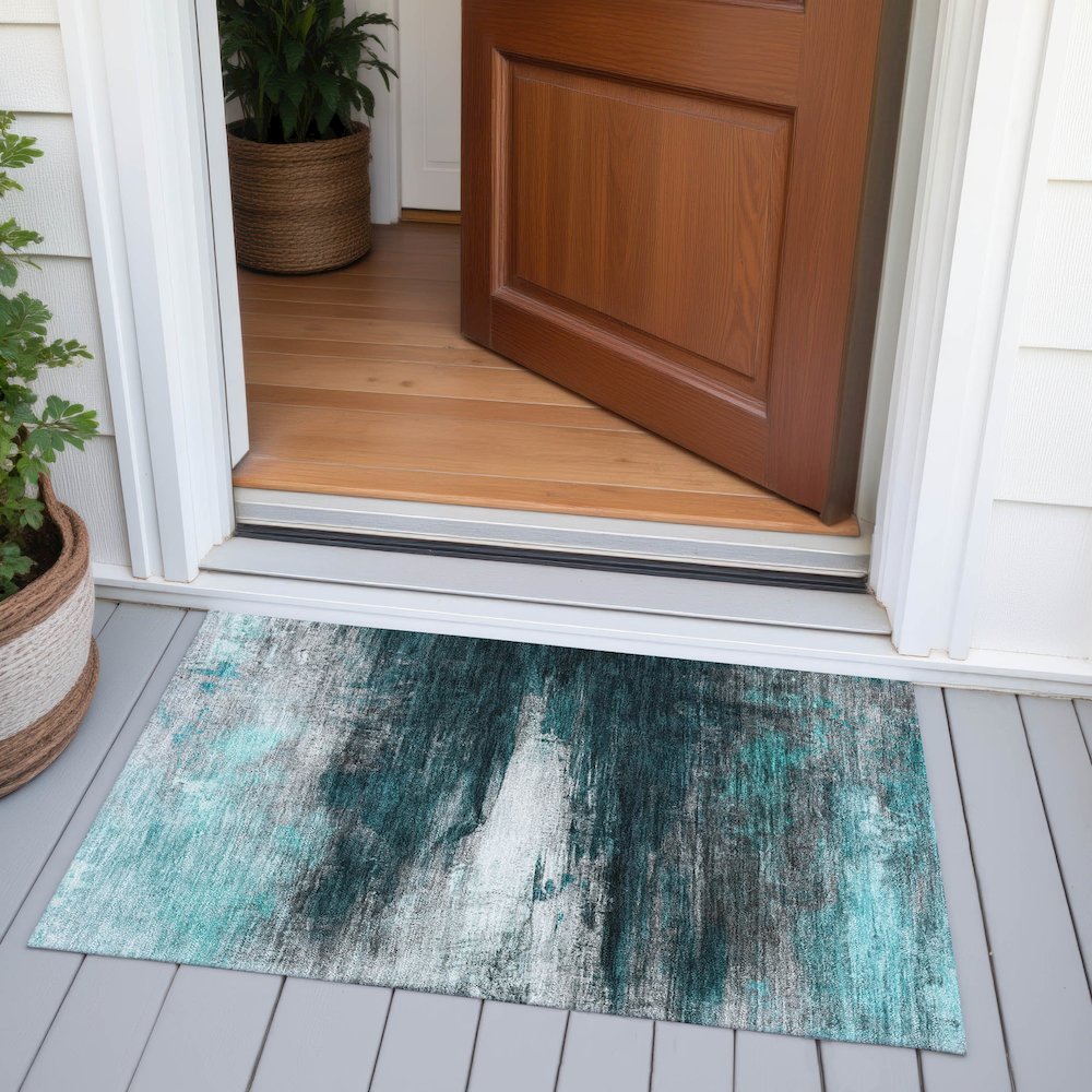 Machine Washable Indoor/Outdoor Chantille ACN2016 Teal 1'8" x 2'6" Rug. Picture 6