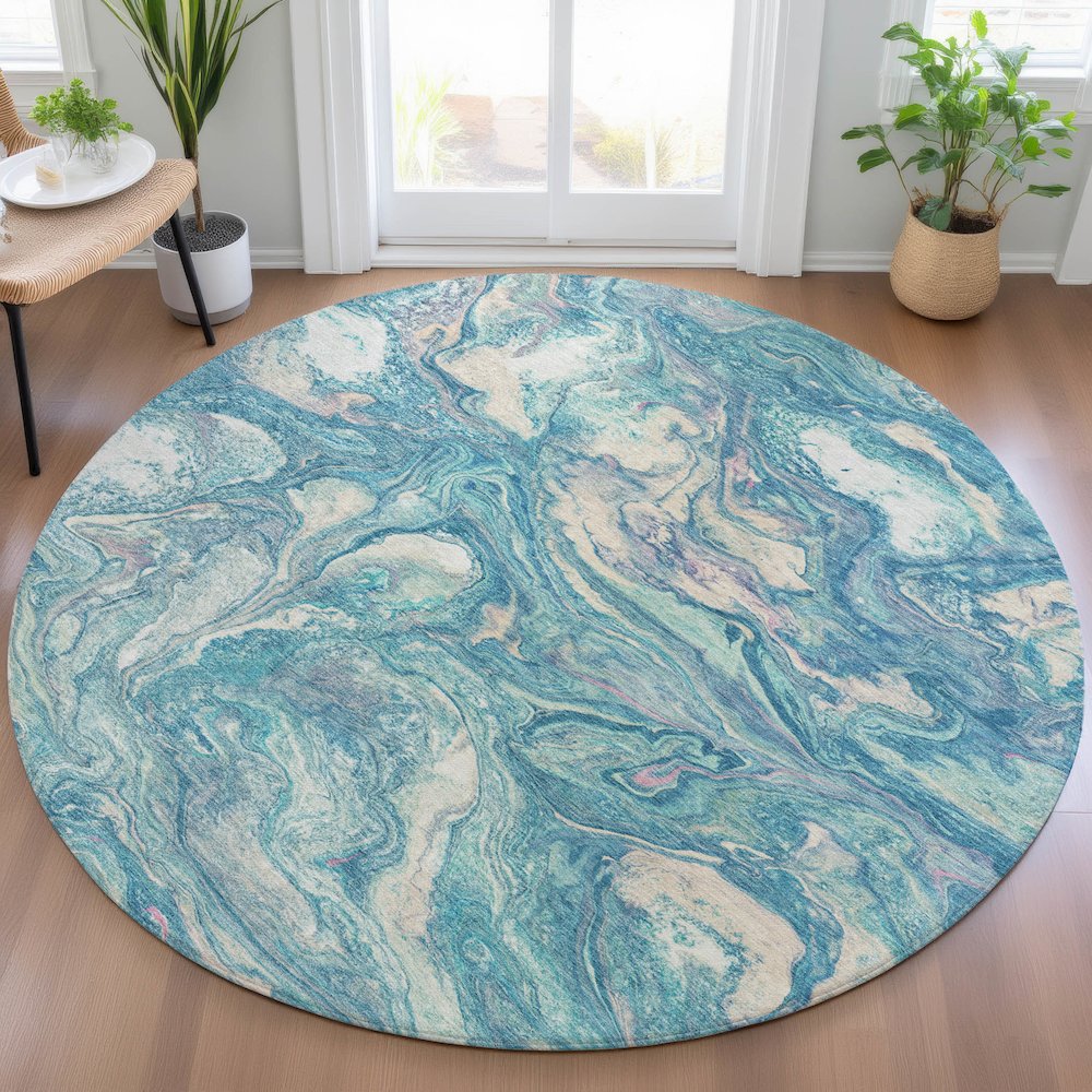 Machine Washable Indoor/Outdoor Chantille ACN2017 Teal 8' x 8' Round Rug. Picture 5
