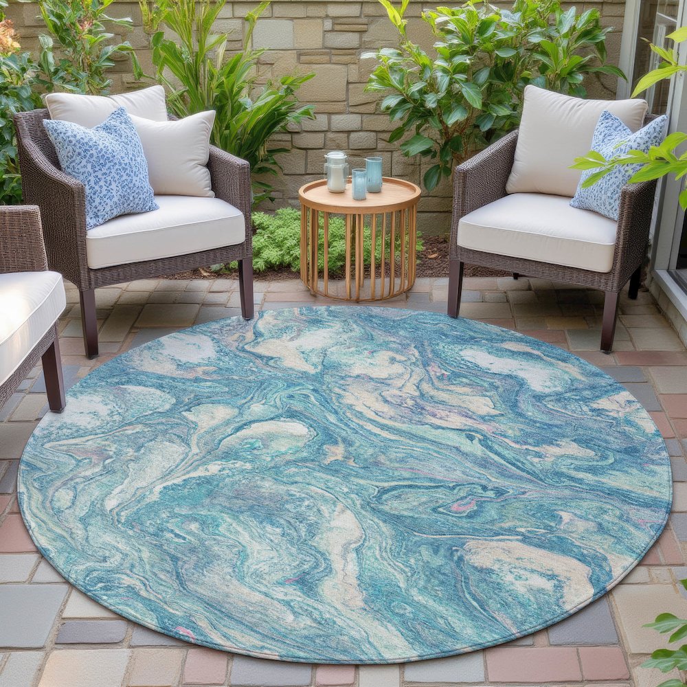 Machine Washable Indoor/Outdoor Chantille ACN2017 Teal 8' x 8' Round Rug. Picture 6