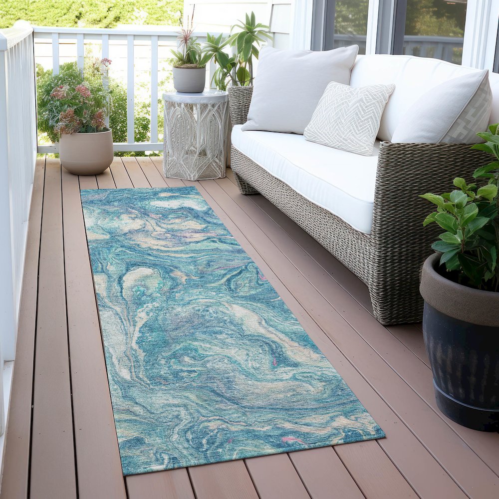 Machine Washable Indoor/Outdoor Chantille ACN2017 Teal 2'3" x 7'6" Runner Rug. Picture 6