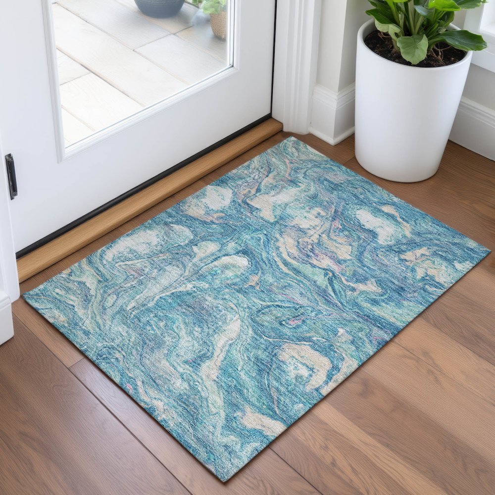 Machine Washable Indoor/Outdoor Chantille ACN2017 Teal 1'8" x 2'6" Rug. Picture 5