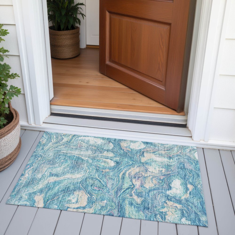 Machine Washable Indoor/Outdoor Chantille ACN2017 Teal 1'8" x 2'6" Rug. Picture 6