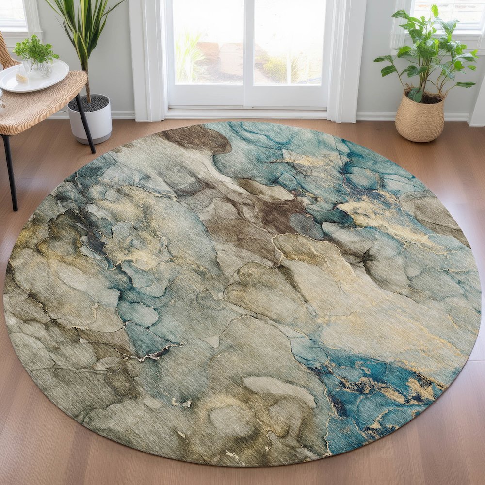 Machine Washable Indoor/Outdoor Chantille ACN2018 Brown 8' x 8' Round Rug. Picture 5