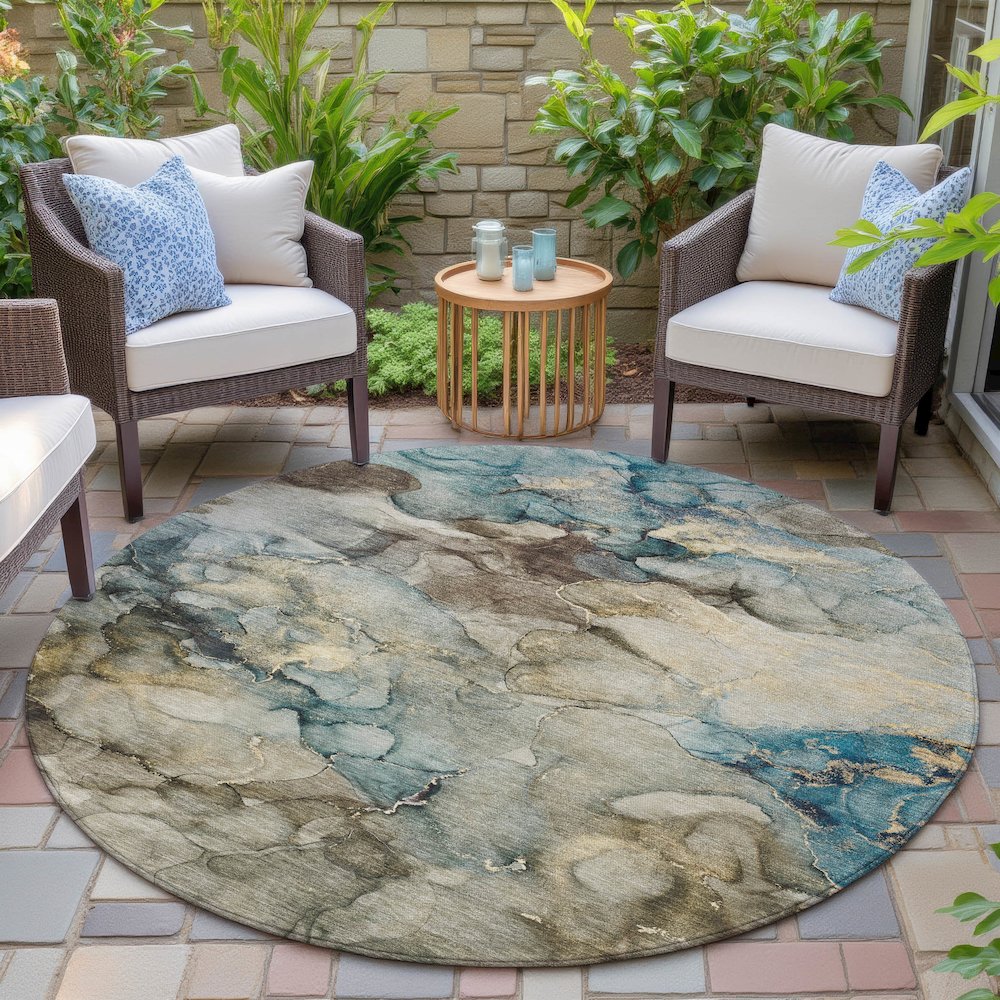 Machine Washable Indoor/Outdoor Chantille ACN2018 Brown 8' x 8' Round Rug. Picture 6
