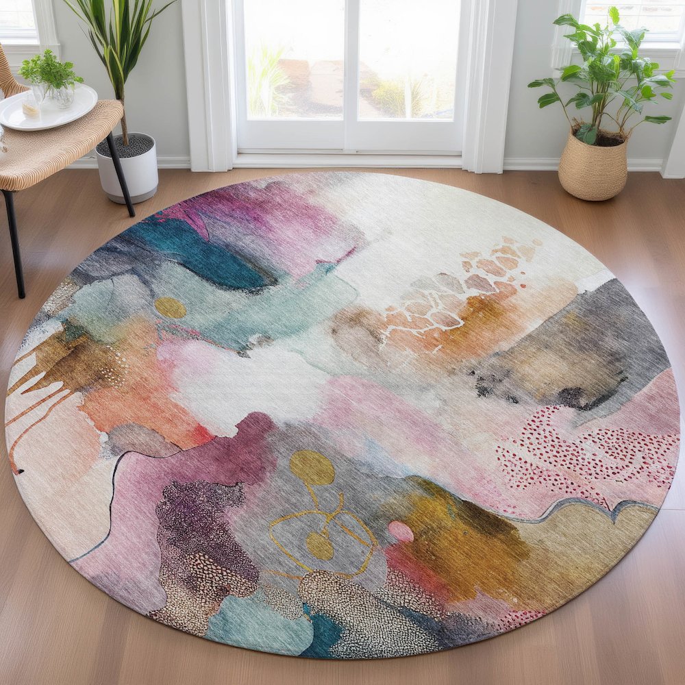 Machine Washable Indoor/Outdoor Chantille ACN2019 Blush 8' x 8' Round Rug. Picture 5