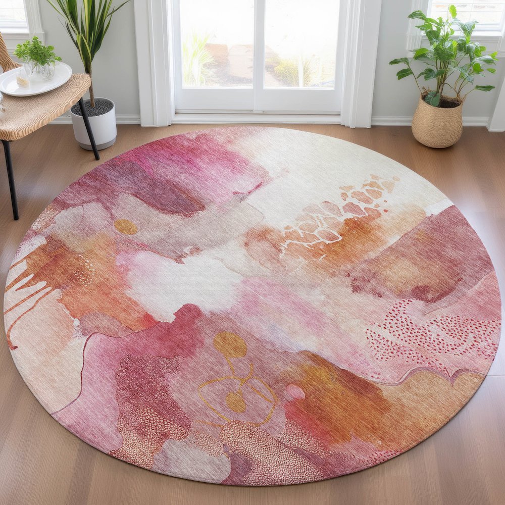 Machine Washable Indoor/Outdoor Chantille ACN2019 Pink 8' x 8' Round Rug. Picture 5