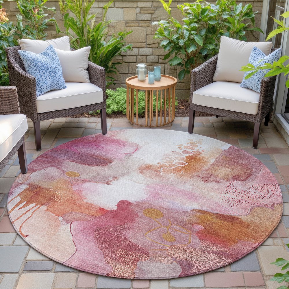 Machine Washable Indoor/Outdoor Chantille ACN2019 Pink 8' x 8' Round Rug. Picture 6