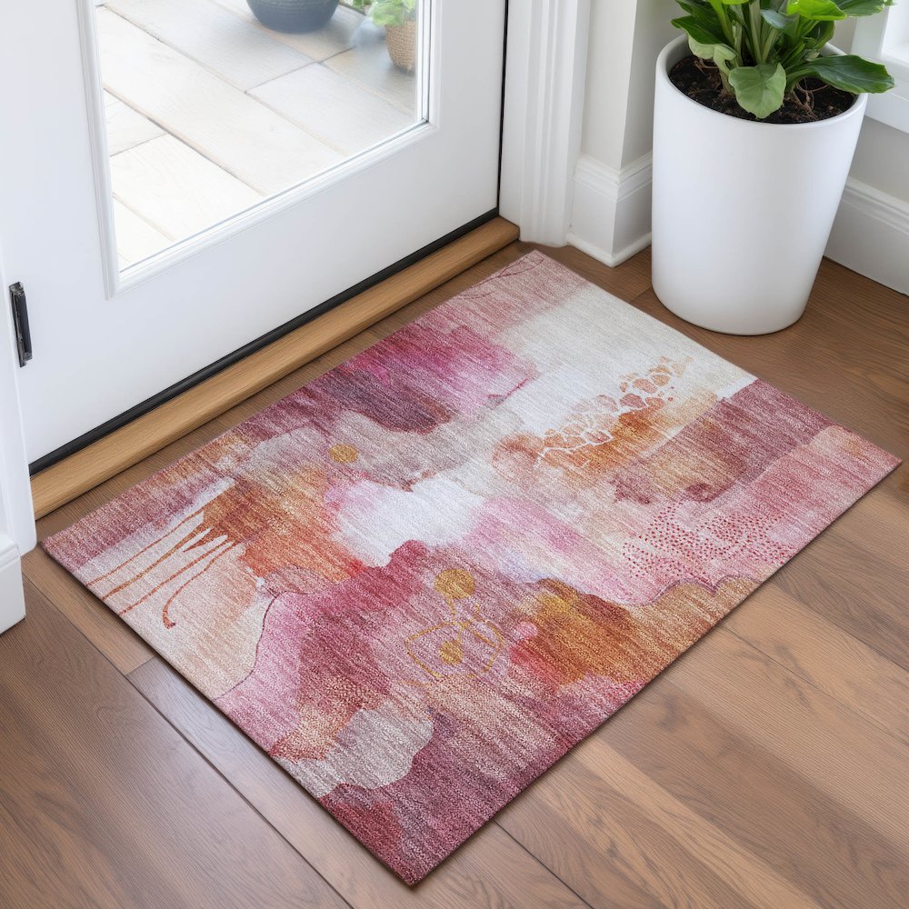 Machine Washable Indoor/Outdoor Chantille ACN2019 Pink 1'8" x 2'6" Rug. Picture 5