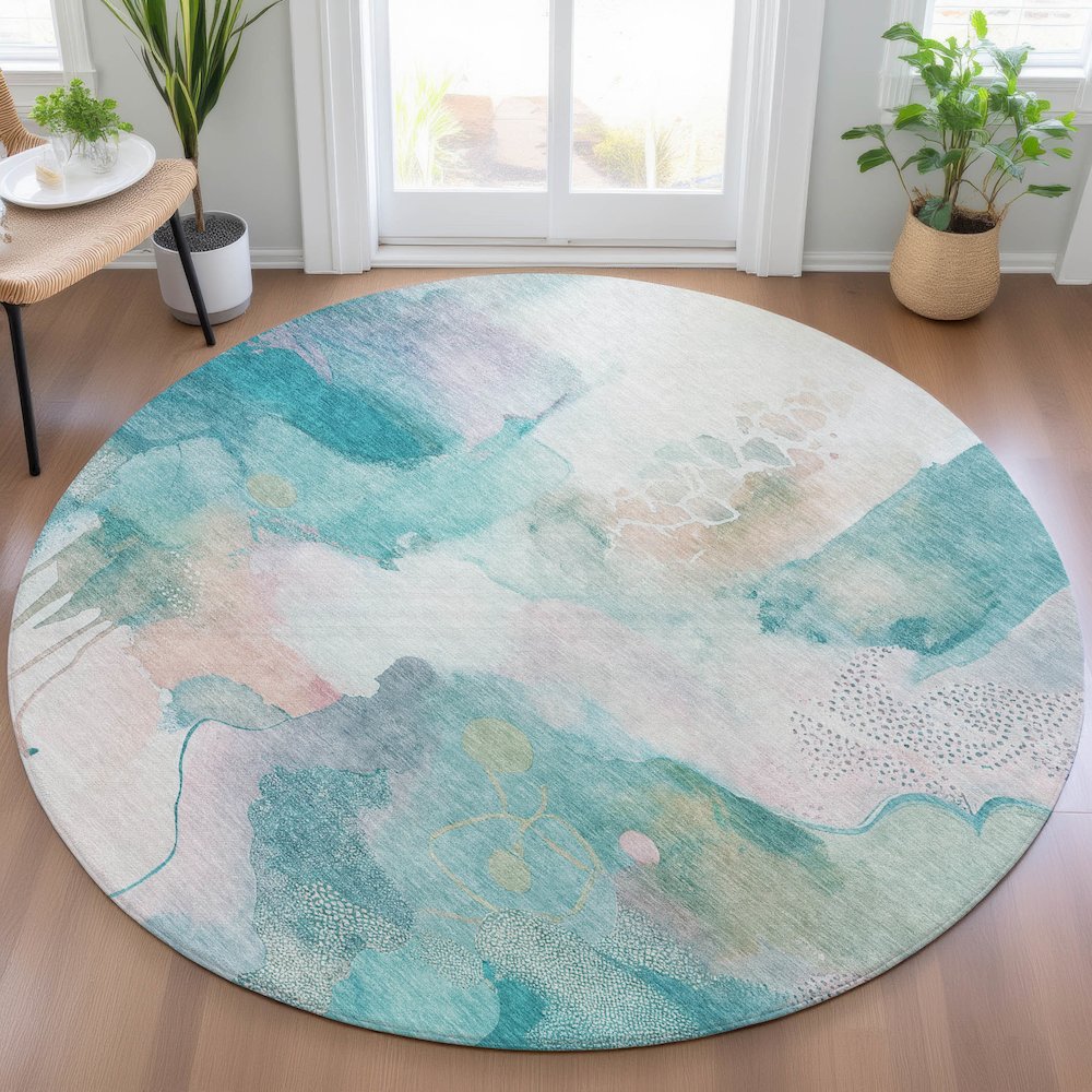 Machine Washable Indoor/Outdoor Chantille ACN2019 Turquoise 8' x 8' Round Rug. Picture 5