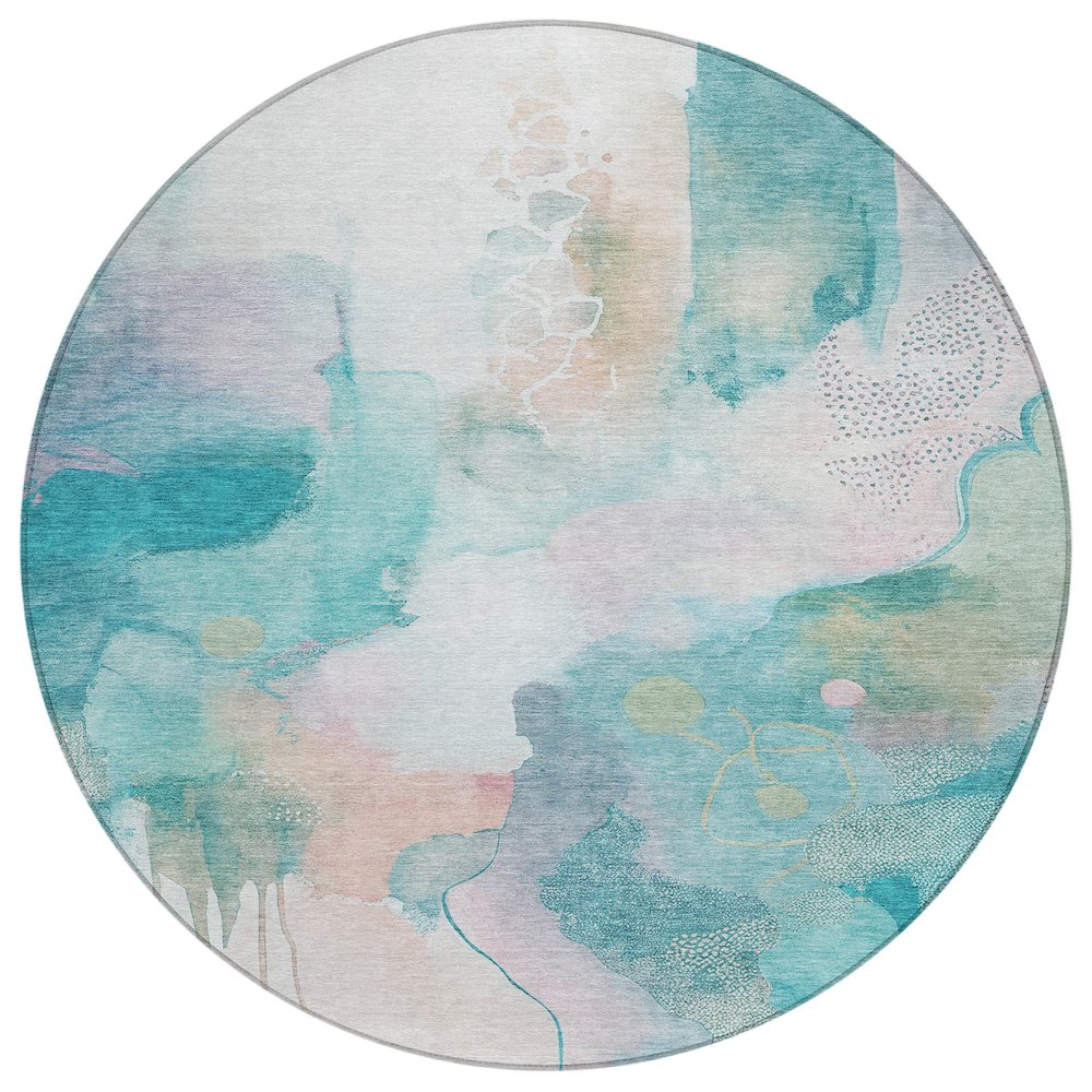 Machine Washable Indoor/Outdoor Chantille ACN2019 Turquoise 8' x 8' Round Rug. Picture 1