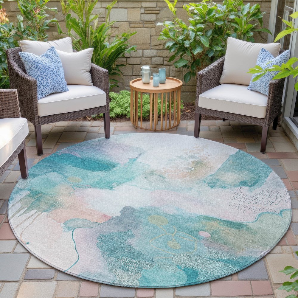 Machine Washable Indoor/Outdoor Chantille ACN2019 Turquoise 8' x 8' Round Rug. Picture 6