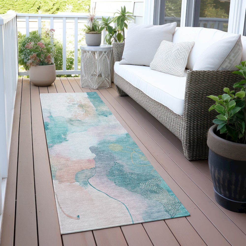 Machine Washable Indoor/Outdoor Chantille ACN2019 Turquoise 2'3"x7'6" Runner Rug. Picture 6