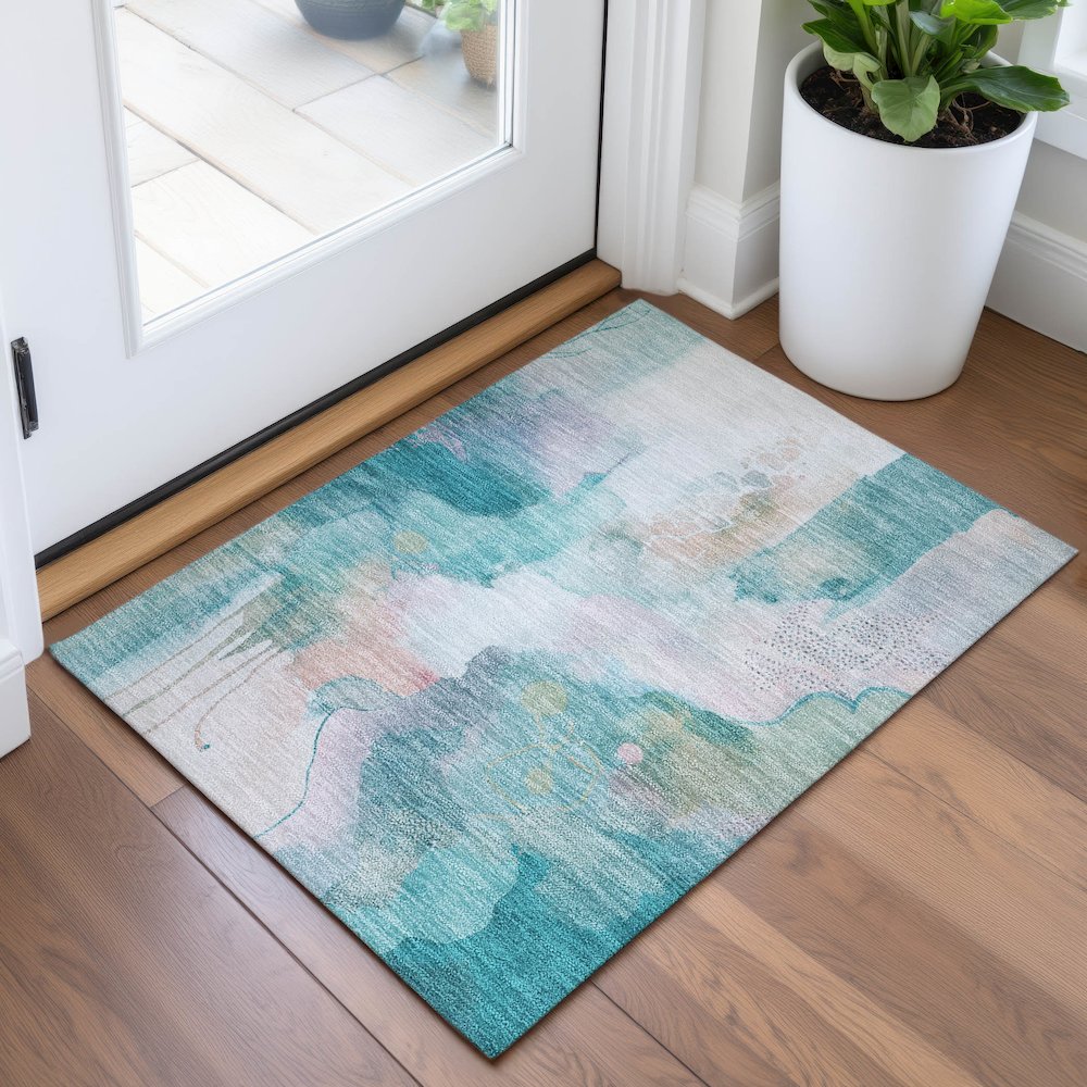Machine Washable Indoor/Outdoor Chantille ACN2019 Turquoise 1'8" x 2'6" Rug. Picture 5