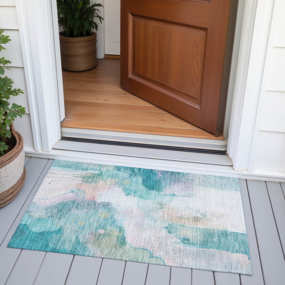 Machine Washable Indoor/Outdoor Chantille ACN2019 Turquoise 1'8" x 2'6" Rug. Picture 6
