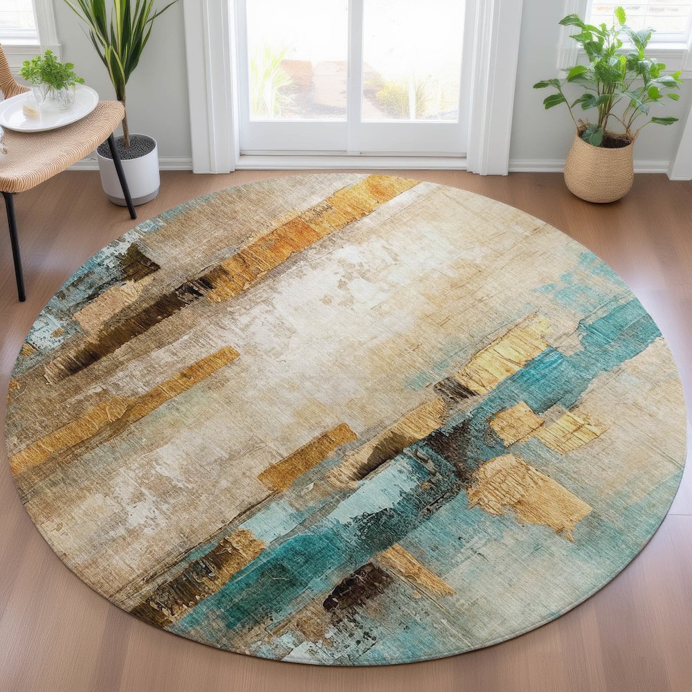 Machine Washable Indoor/Outdoor Chantille ACN2020 Beige 8' x 8' Round Rug. Picture 5
