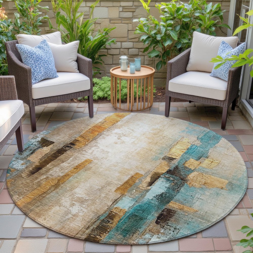 Machine Washable Indoor/Outdoor Chantille ACN2020 Beige 8' x 8' Round Rug. Picture 6