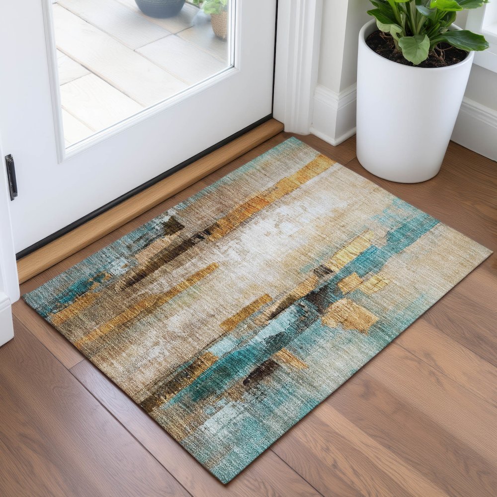 Machine Washable Indoor/Outdoor Chantille ACN2020 Beige 1'8" x 2'6" Rug. Picture 5