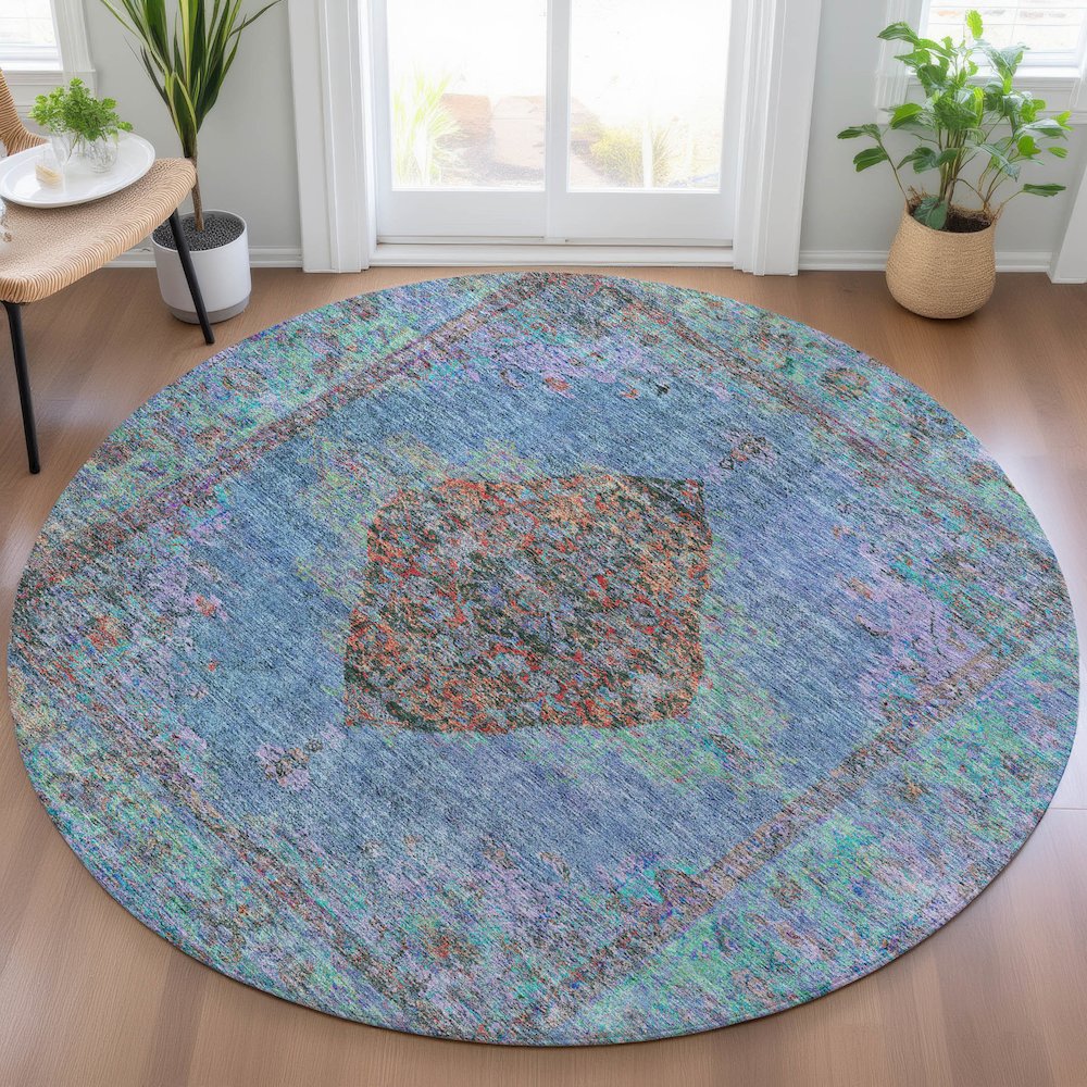 Machine Washable Indoor/Outdoor Chantille ACN2021 Blue 8' x 8' Round Rug. Picture 5