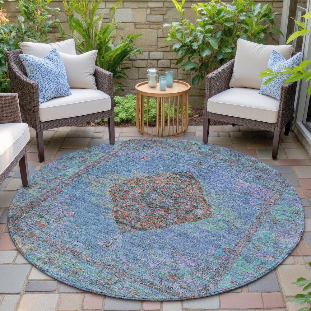 Machine Washable Indoor/Outdoor Chantille ACN2021 Blue 8' x 8' Round Rug. Picture 6