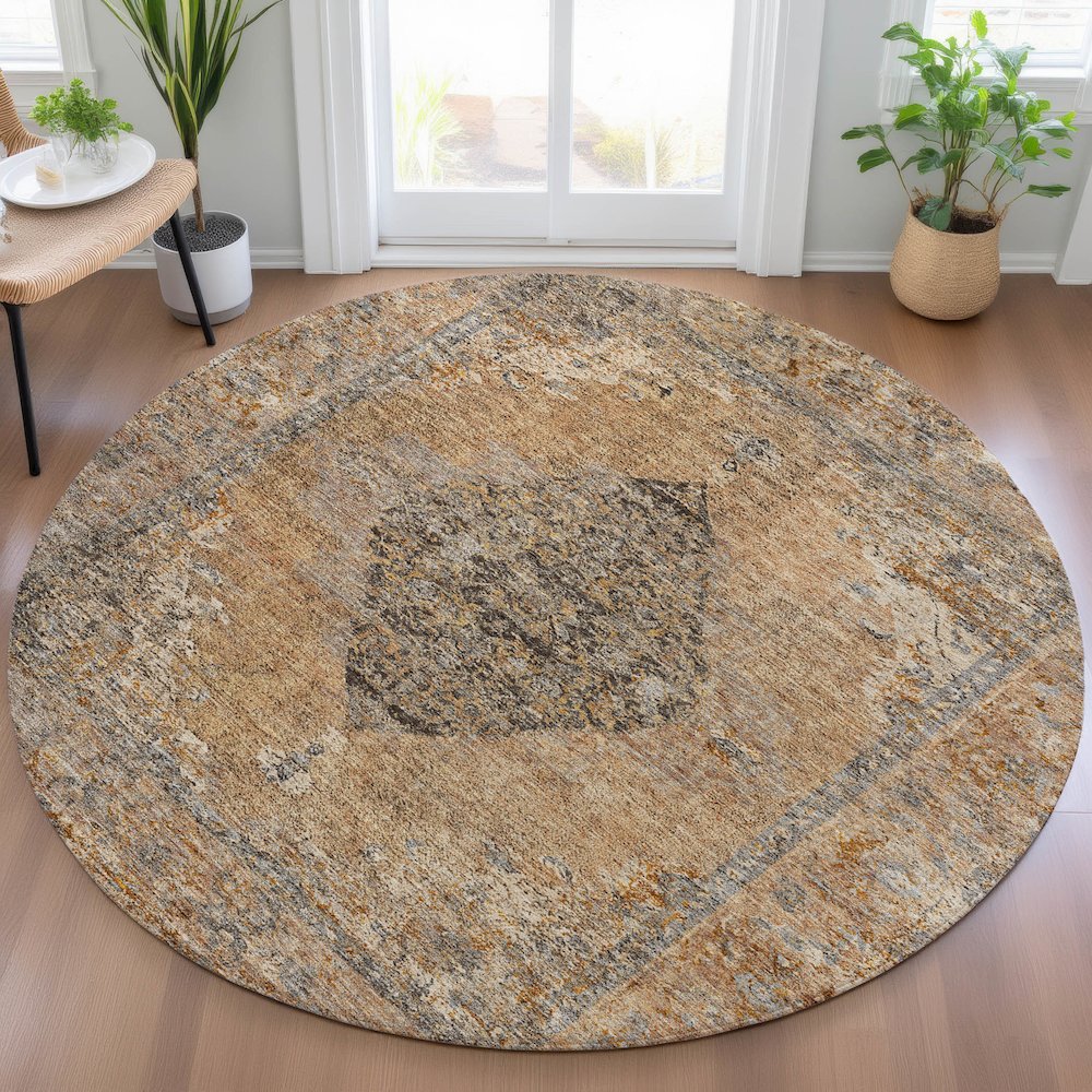 Machine Washable Indoor/Outdoor Chantille ACN2021 Copper 8' x 8' Round Rug. Picture 5