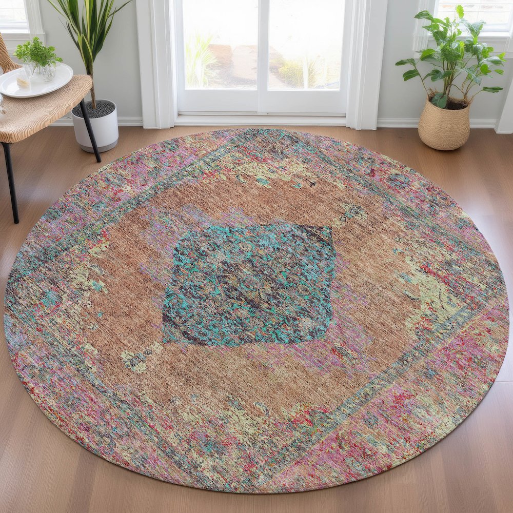 Machine Washable Indoor/Outdoor Chantille ACN2021 Orange 8' x 8' Round Rug. Picture 5