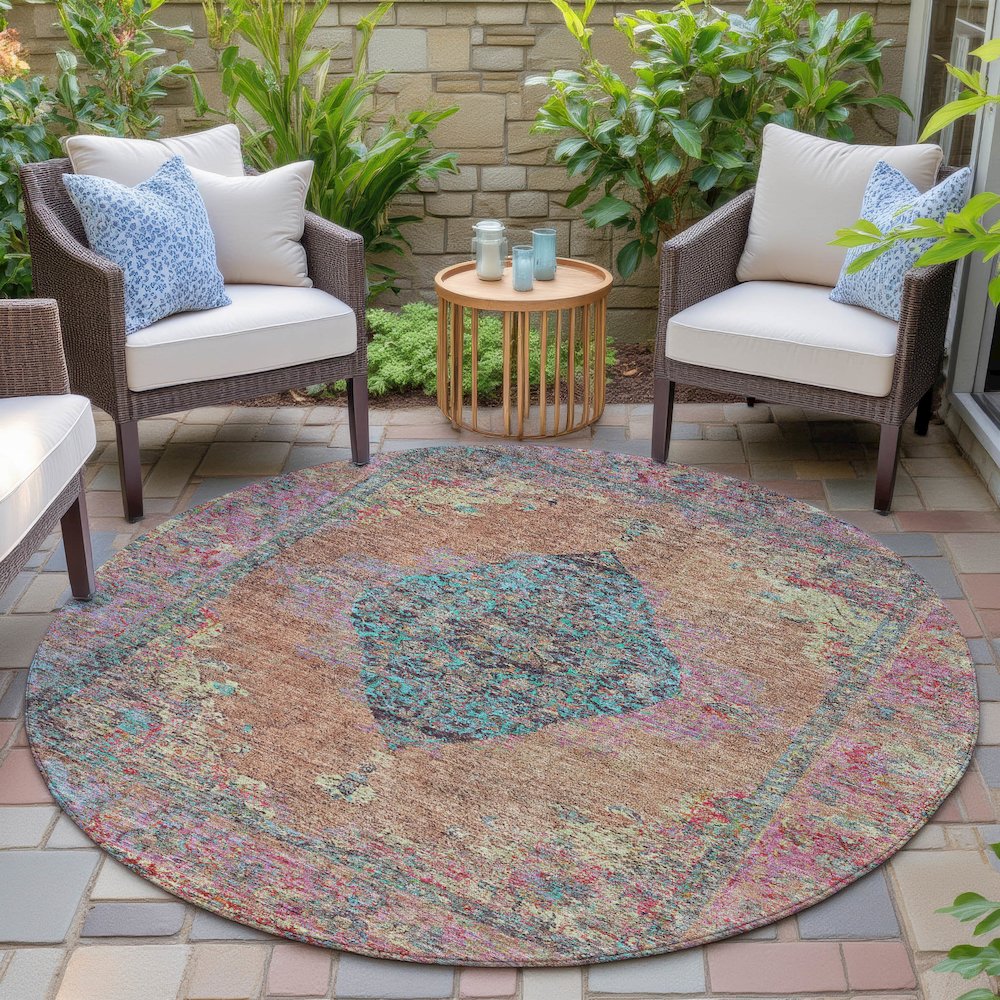 Machine Washable Indoor/Outdoor Chantille ACN2021 Orange 8' x 8' Round Rug. Picture 6
