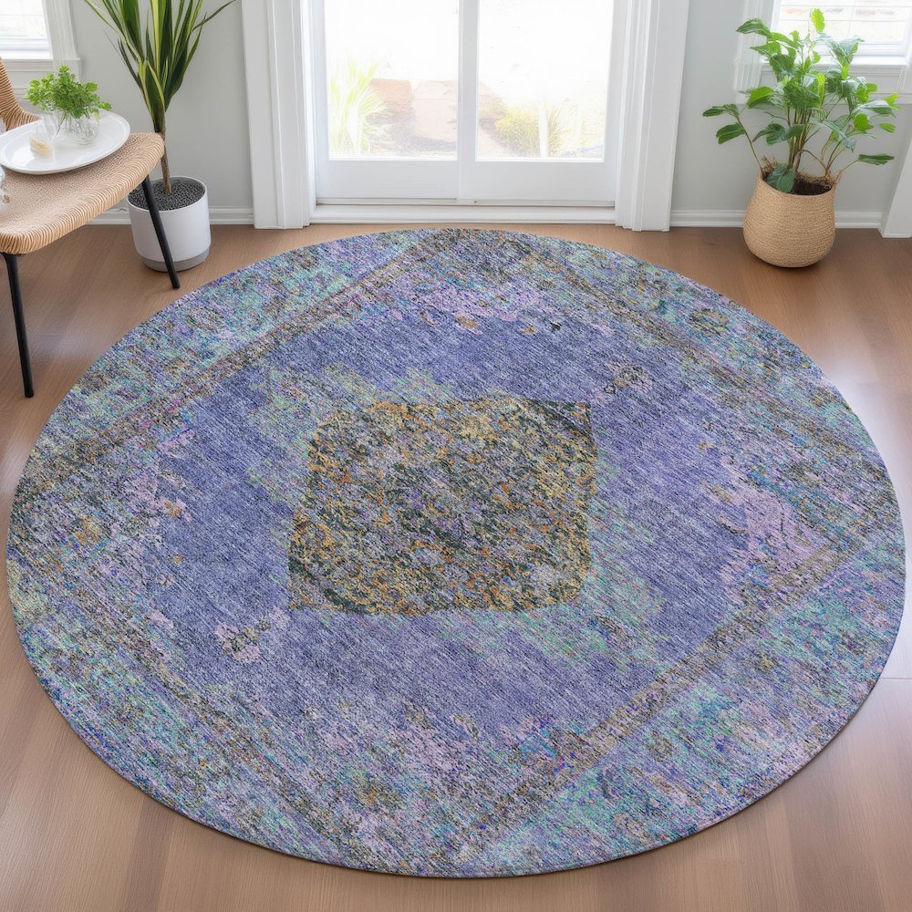 Machine Washable Indoor/Outdoor Chantille ACN2021 Purple 8' x 8' Round Rug. Picture 5