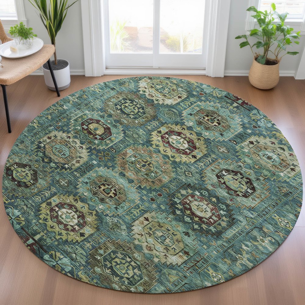 Machine Washable Indoor/Outdoor Chantille ACN2024 Teal 8' x 8' Round Rug. Picture 5