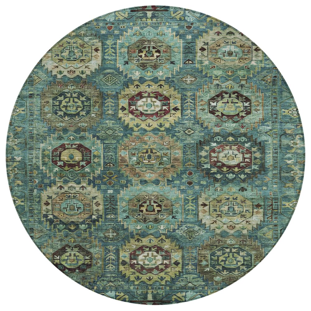 Machine Washable Indoor/Outdoor Chantille ACN2024 Teal 8' x 8' Round Rug. Picture 1