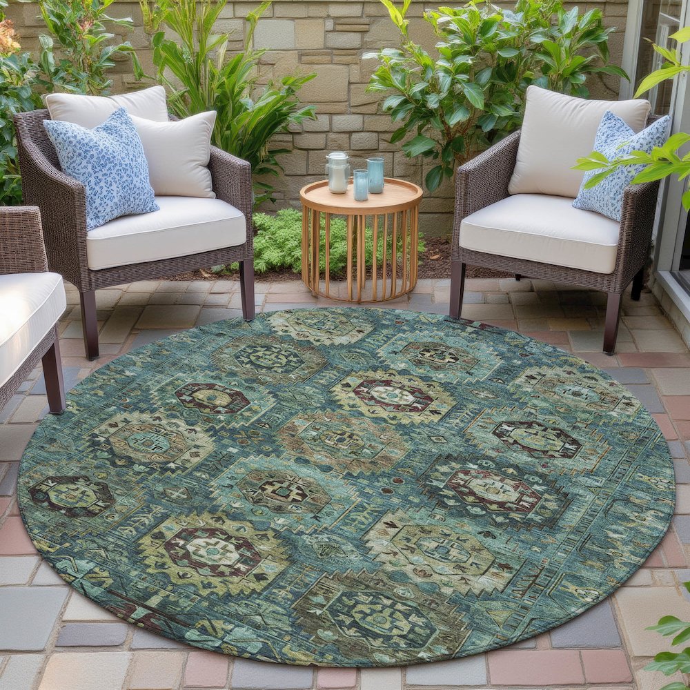 Machine Washable Indoor/Outdoor Chantille ACN2024 Teal 8' x 8' Round Rug. Picture 6