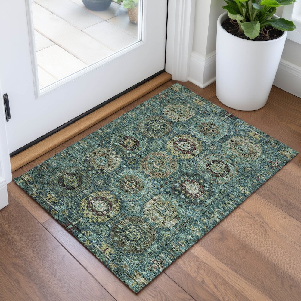 Machine Washable Indoor/Outdoor Chantille ACN2024 Teal 1'8" x 2'6" Rug. Picture 5