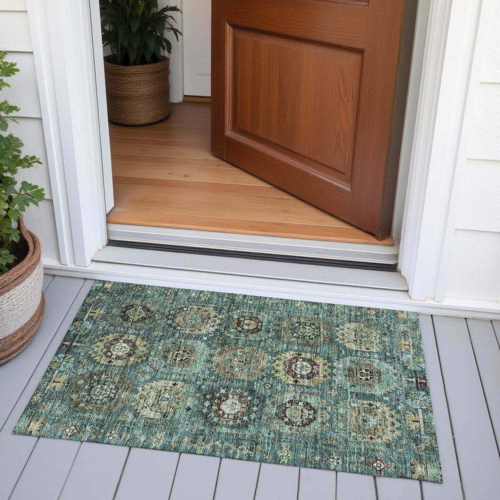 Machine Washable Indoor/Outdoor Chantille ACN2024 Teal 1'8" x 2'6" Rug. Picture 6