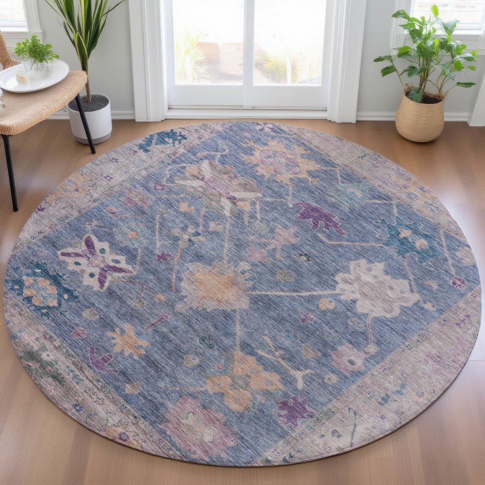 Machine Washable Indoor/Outdoor Chantille ACN2025 Blue 8' x 8' Round Rug. Picture 5