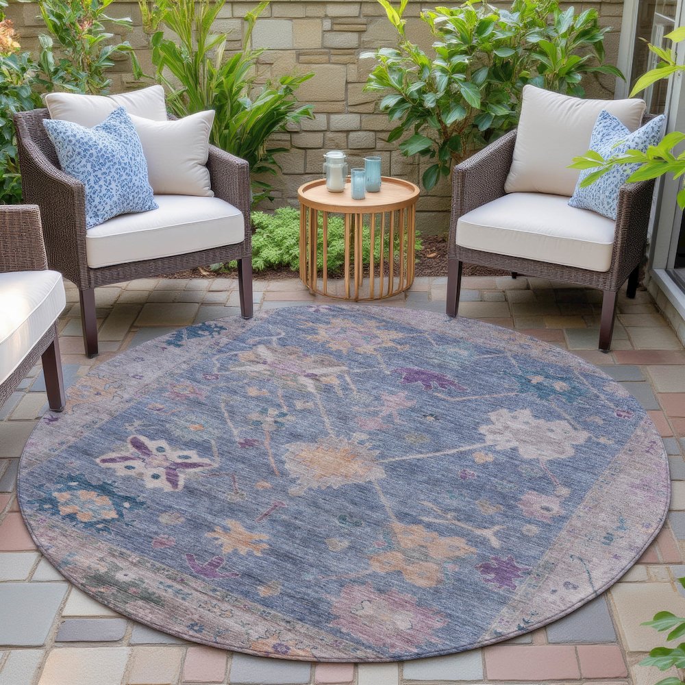 Machine Washable Indoor/Outdoor Chantille ACN2025 Blue 8' x 8' Round Rug. Picture 6