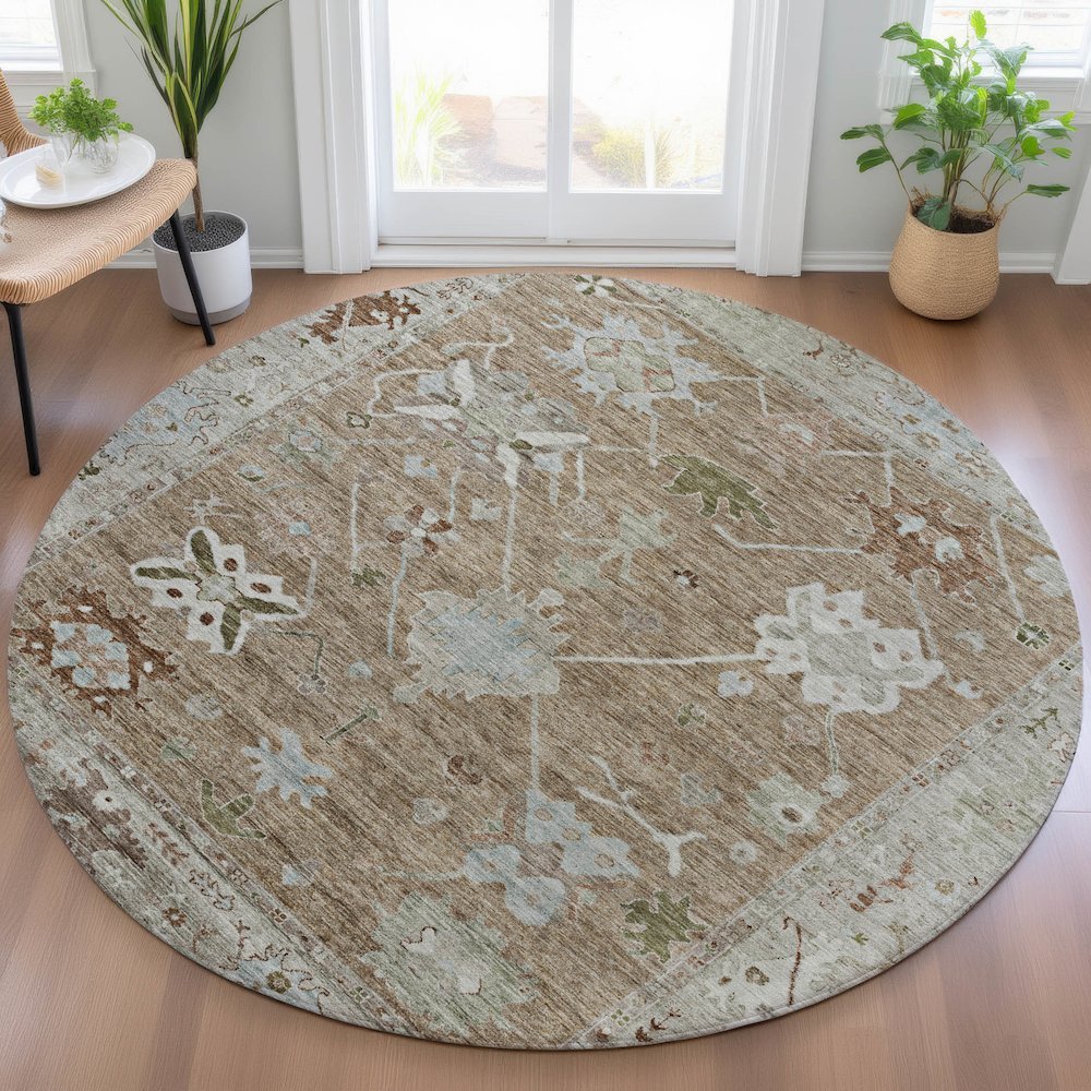Machine Washable Indoor/Outdoor Chantille ACN2025 Brown 8' x 8' Round Rug. Picture 5