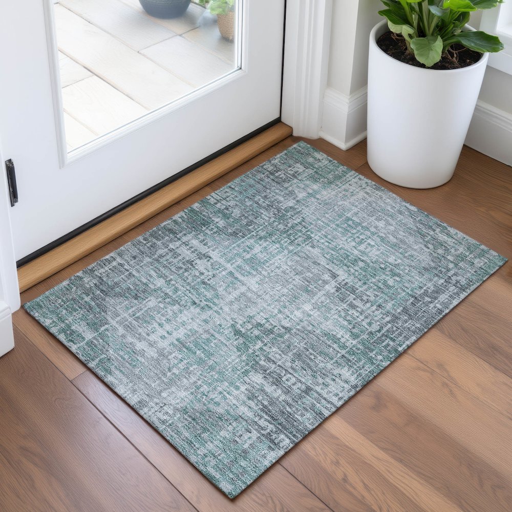 Machine Washable Indoor/Outdoor Chantille ACN2026 Teal 1'8" x 2'6" Rug. Picture 5