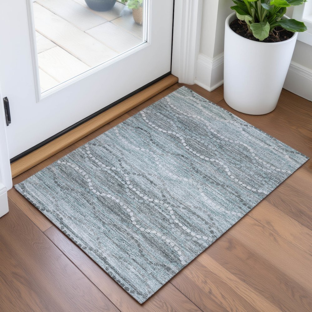 Machine Washable Indoor/Outdoor Chantille ACN2030 Teal 1'8" x 2'6" Rug. Picture 5